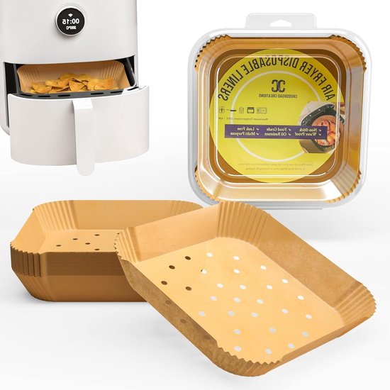 Dazkzooy 100 Stuks Bakpapier Voor Heteluchtfriteuse 4,5L-8L - 20-24cm Airfryer, Antiaanbak, Waterdicht, Oliebestendig - Wegwerpschalen Voor Heteluchtfriteuse - Vierkant