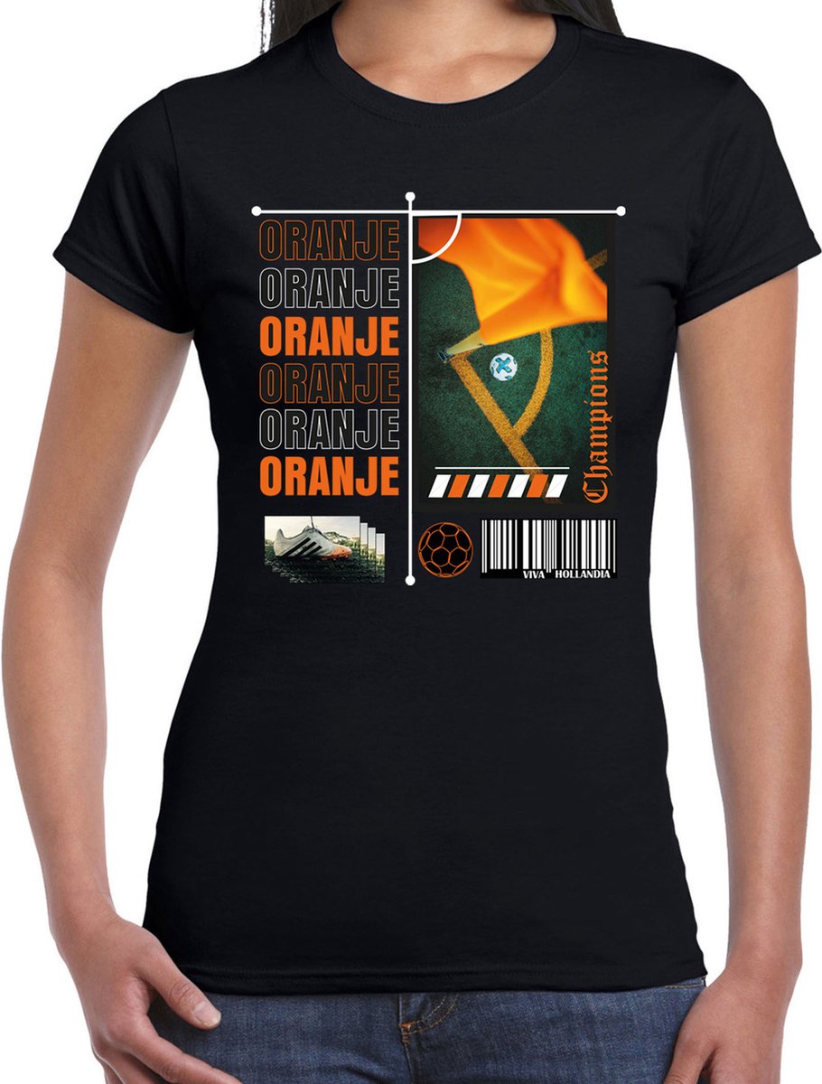 Bellatio Decorations Oranje supporter T-shirt dames - zwart - EK/WK voetbal supporter - Nederland S