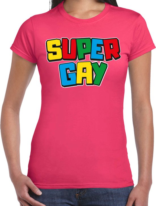 Bellatio Decorations Gay Pride T-shirt voor dames - super gay - fuchsia - pride - regenboog - LHBTI M