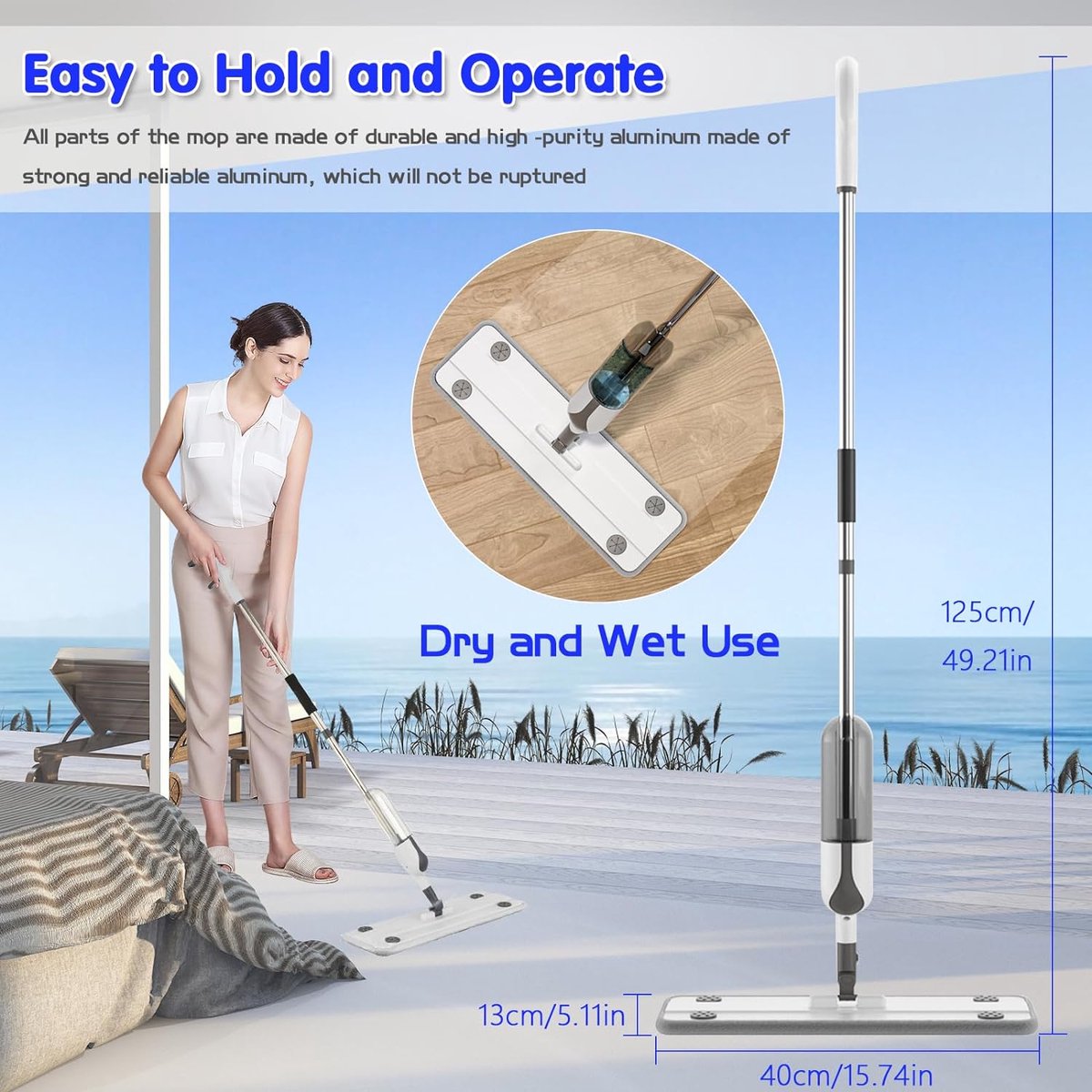 Vloerspray mop spray vloermop met 420 ml waterreservoir 360 graden roterende vloerwisser met sproeidop stofwisser voor alle vloeren 3 wasbare microvezelpads en bamboehoutskool
