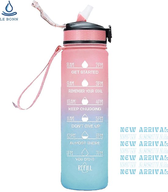 Motivatie waterfles - Water Drinkfles 1 Liter - Sport Bidon - 1L fles - 1000ML - LeBonn - Roze/Blauw - Fitness