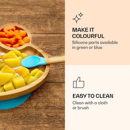 Serviesset voor baby's & kleine kinderen - kikker - kinderservies lepel bord schaal - duurzaam & ecologisch - babybord kinder serviesset ontbijtset zuignap voeren - Bambuswald©. van Bambuswald© — afbeelding 4