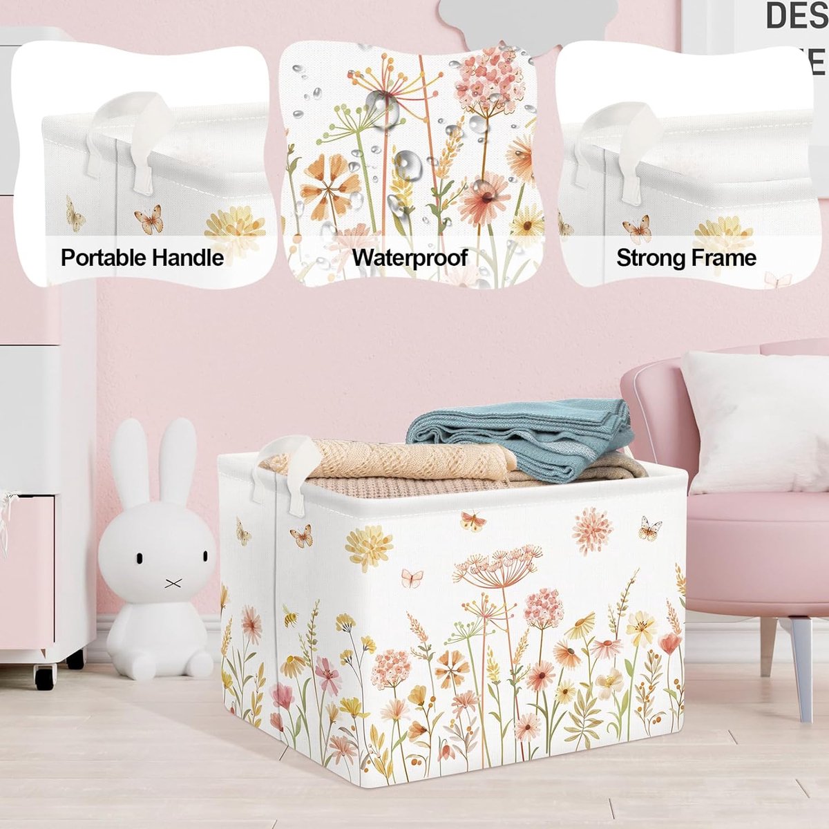 HUUMONSS 30 cm Opbergdoos 3 Stuks Wilde Bloem Opbergmand voor Vrouw Meisje Tuin Vlinder Opbergkubus met Handgrepen voor Slaapkamer Organizer voor Speelgoed Boeken Kleding,Plant Struik