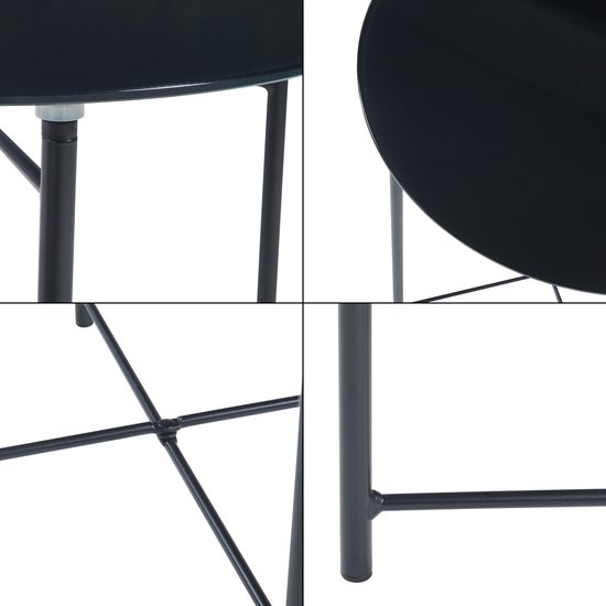 Ronde Eettafel, Gehard Glazen Blad, Zwarte Stalen Poten, Modern Design Zwart En Transparant 70x70x75cm