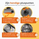 Vier afbeeldingen tonen de kenmerken van de Goliving mandoline groentesnijder: inklapbaar, dikte instelbaar, glad oppervlak en vaatwasserbestendig.