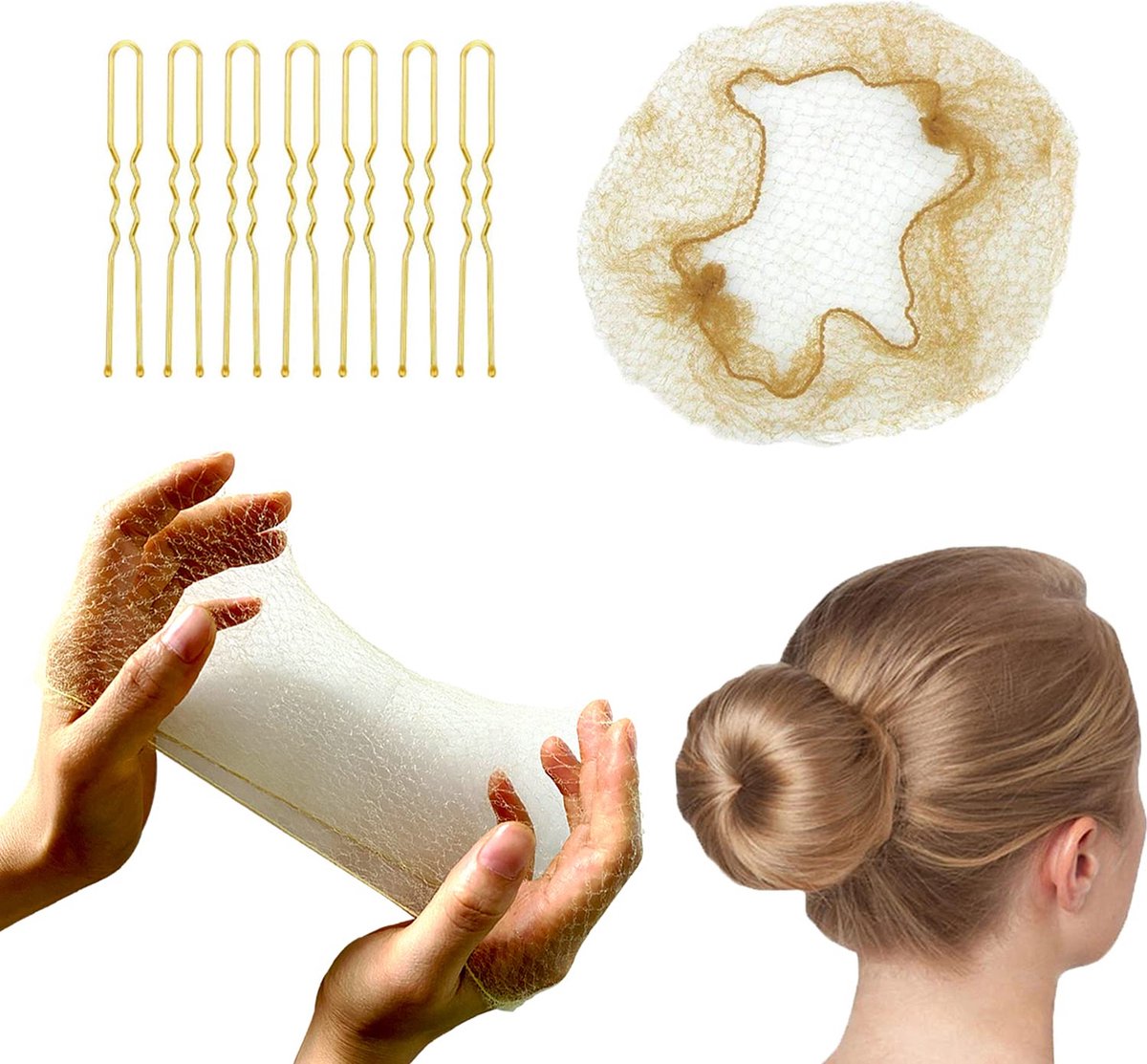 Haarnetje Ballet Blond met U-vormige Spelden (50 stuks) – Onzichtbaar Knotnetje Elastisch 55 cm – Voor Ballet & Paardrijden