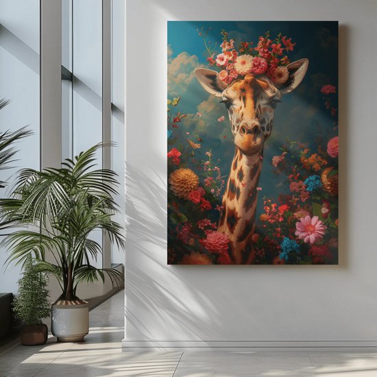 Canvas Schilderij - Giraffe met Bloemen - Wanddecoratie - 60x40x2 cm