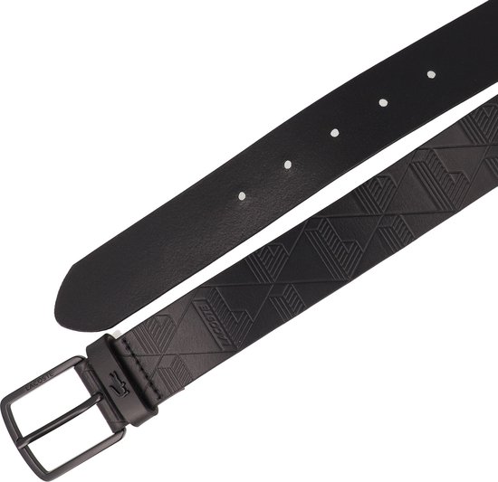 Ceinture noire avec imprimé géométrique en relief, boucle noire et logo Lacoste.