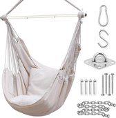 Rocking Chair with Hardware Kit: XL Portable Hanging Chairs with 2 Cushions - Removable Metal Support Bar Side Pocket for Indoor and Outdoor Use - Patio and Bedroom Decor - Teen Girls Room