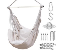 Rocking Chair with Hardware Kit: XL Portable Hanging Chairs with 2 Cushions - Removable Metal Support Bar Side Pocket for Indoor and Outdoor Use - Patio and Bedroom Decor - Teen Girls Room