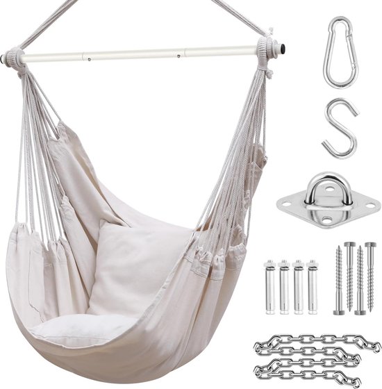 Rocking Chair with Hardware Kit: XL Portable Hanging Chairs with 2 Cushions - Removable Metal Support Bar Side Pocket for Indoor and Outdoor Use - Patio and Bedroom Decor - Teen Girls Room