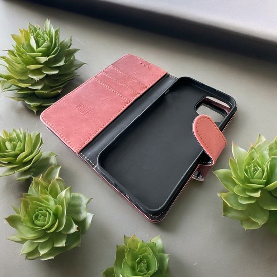 Elite Bookcase Adapté pour : Coque iPhone 15 - Porte-cartes - Portefeuille - Simili cuir - Rose