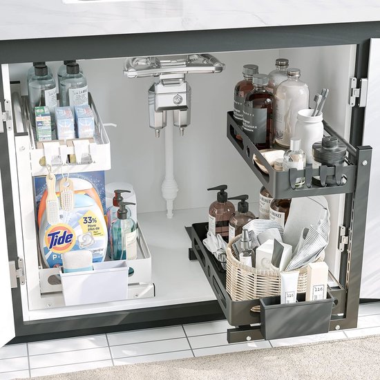 NETEL Set van 2 spoelkastorganizer, opslag, 2 etages onder wastafel, keukenspoelkastrek, uittrekbaar keukenrek, multifunctionele organizer voor keuken/badkamer, wit