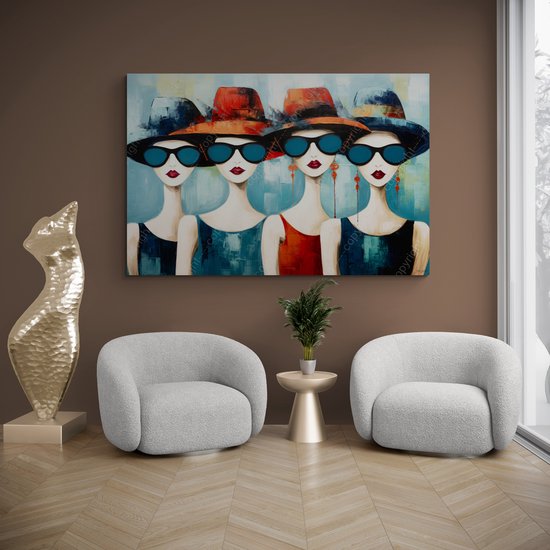 JJ-Art (Aluminium) 60x40 | 4 Femmes avec chapeau et lunettes de soleil, surréalisme moderne, abstrait, rouge, marron, bleu, vert, art | style Picasso peint, Picasso élégant, moderne | photo peinture sur dibond, décoration murale métal