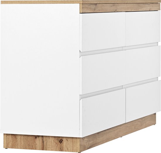 Sweiko Commode à 6 tiroirs, coffre-fort, Fonction de rangement, pour Chambre et salon, Aggloméré E1, Wit et chêne