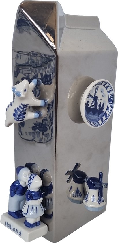 Viv! Home Luxuries Vaas Melkpak - Delftsblauwe attributen - Decoratief item - Zilver Blauw - Aardewerk - 26x12cm
