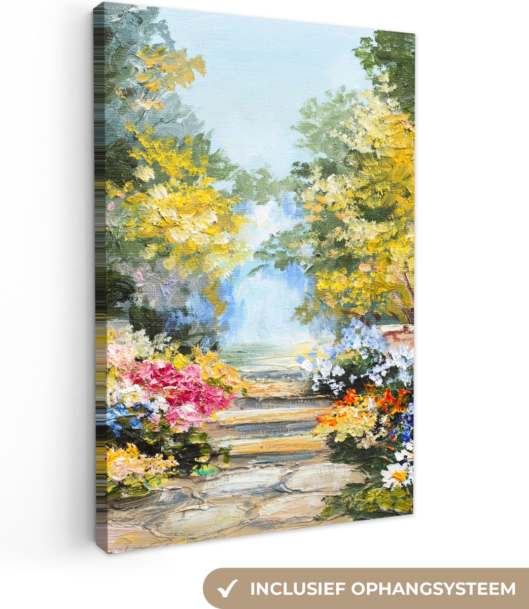 Canvas schilderij - Bloemen - Pad - Bomen - Olieverf - Kunst - Schilderijen op canvas - Canvas doek - 120x180 cm - Slaapkamer - Muurdecoratie