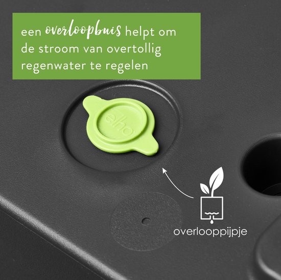 Close-up van de zwarte plantenbak met groen overlooppijpje en uitleg.