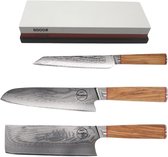 Sumisu Knives - Japanse messenset 3-delig incl. slijpsteen - Wood collection - 100% damascus staal - Hobbykok messenset - Geleverd in luxe geschenkdoos