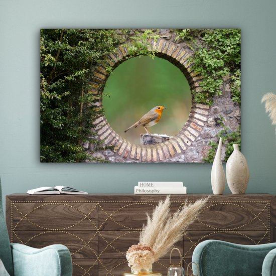 Tableau sur toile Vogel - Vue à travers - Rouge-gorge - 150x100 cm - Décoration murale