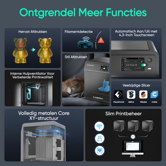 Afbeelding met functies: Hervat Afdrukken, Filamentdetectie, Automatisch Aan/Uit met 4,3-Inch Touchscreen, Interne Hulpventilator, Stil Afdrukken, Veelzijdige Slicer met FlashPrint5, ORCA, PRUSA, CURA, Volledig metalen Core XY-structuur, Slim Printbeheer met WiFi en Smart App.