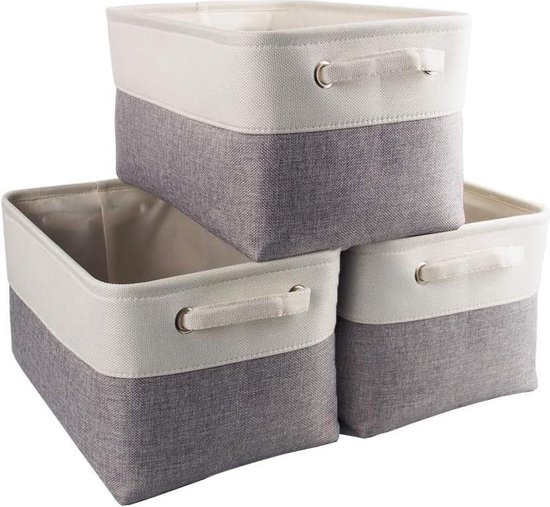 Canvas Opbergdoos 3 stuks stoffen opbergmand - kasten planken kleding speelgoed - medium grijs-wit opvouwbaar Wicker Storage Basket (2-5)