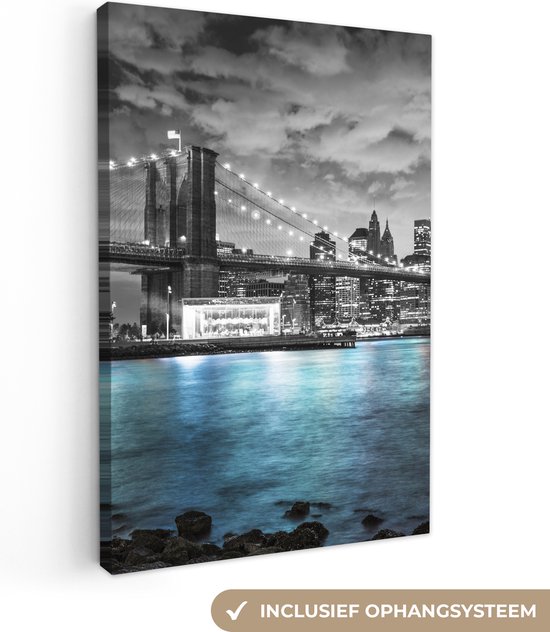 Canvas schilderij 60x90 cm - Wanddecoratie New York - Skyline - Stad - Blauw - Muurdecoratie woonkamer - Kamer decoratie modern - Abstracte schilderijen