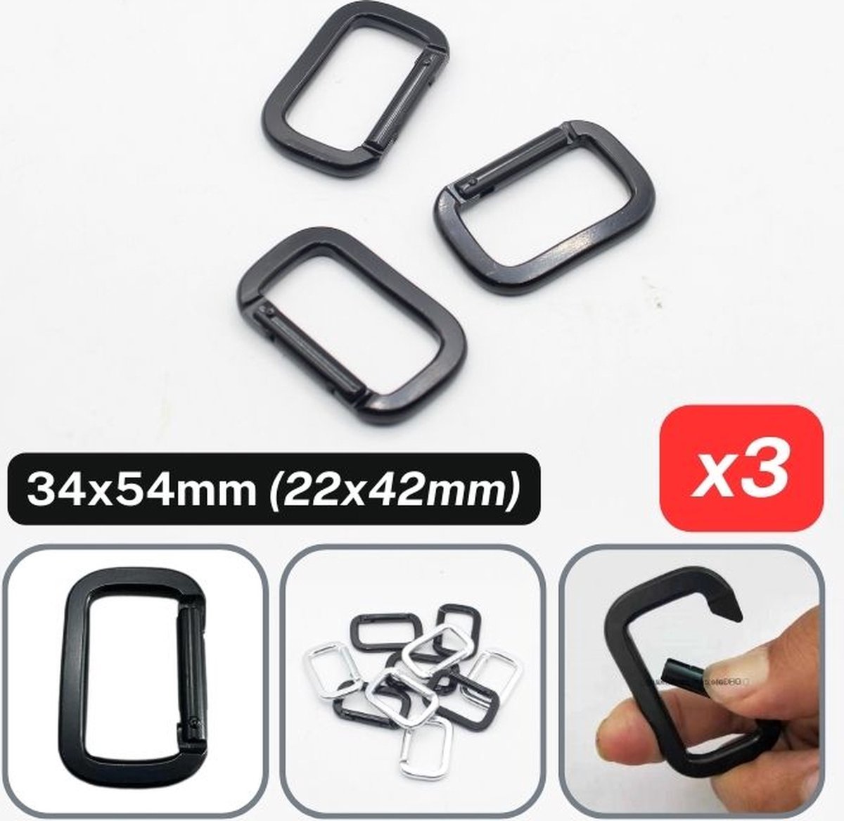 3 Stuks RECHTHOEKIGE METALEN KARABIJNHAKEN MUSKETONHAKEN Binnenmaten 22MMx42MM Buitenmaten 34MMx54MM Kleur ZWART