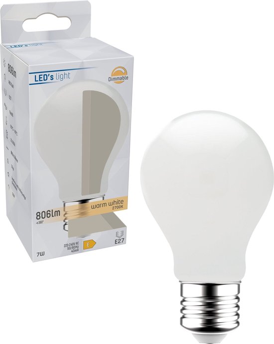 LED's Light Dimbare LED Lamp E27 - Mat wit glas - Dimbaar warm wit licht - 806 lm