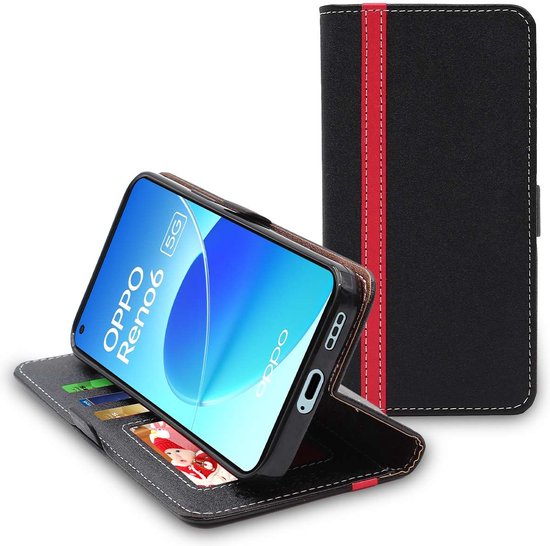 ebestStar - Coque compatible avec Oppo Reno6 5G, Etui Portefeuille, Housse Pochette Protection PU Cuir, Porte Carte, Noir / Rouge