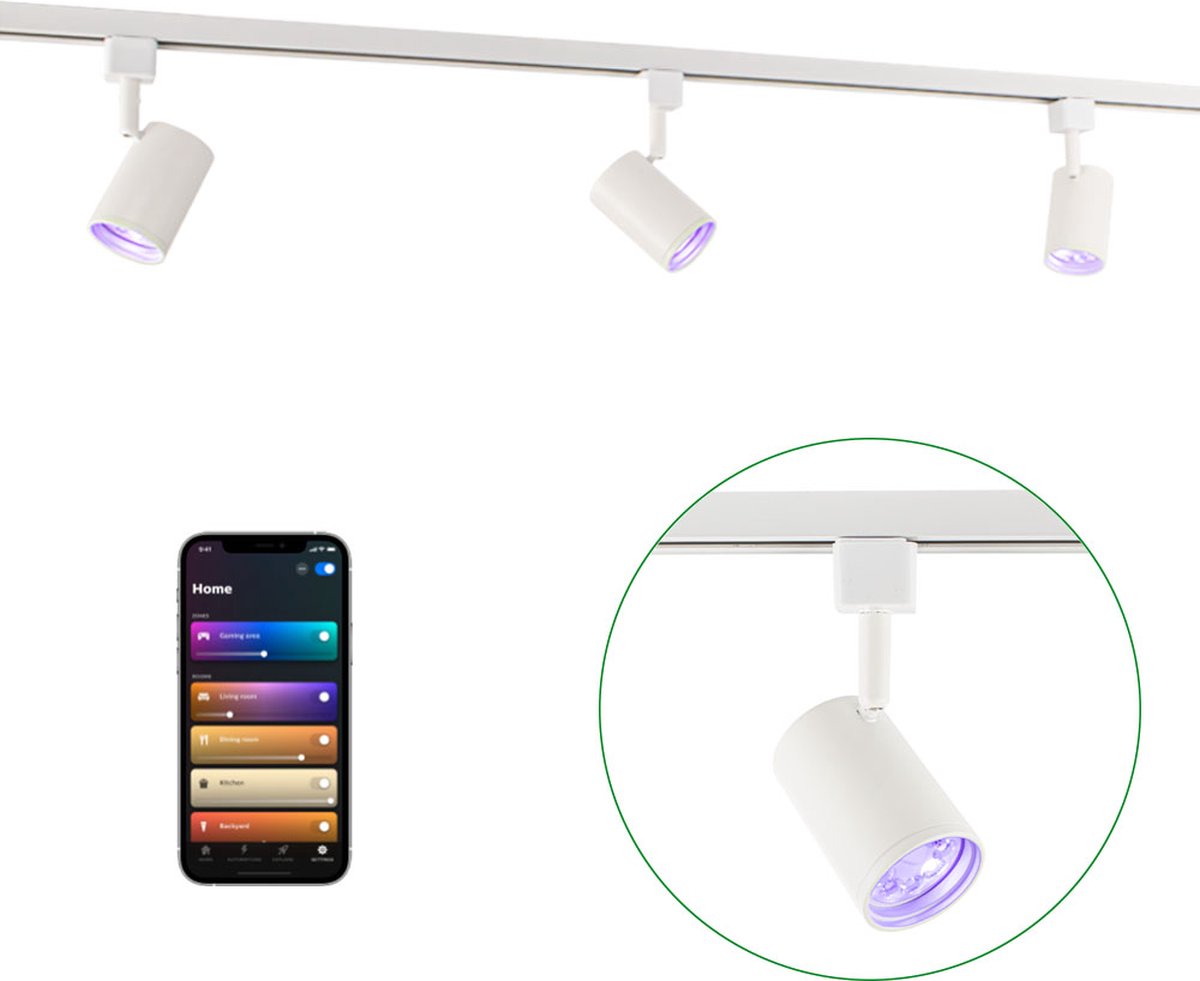 Smart Railsysteem 1-fase | Wit | 1 Meter | HUE compatible | Incl. 3x smart GU10 spots