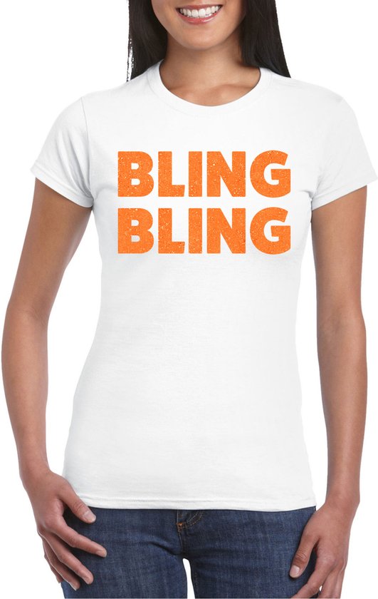 Bellatio Decorations Verkleed shirt voor dames - bling - wit - oranje glitter - carnaval/themafeest XS