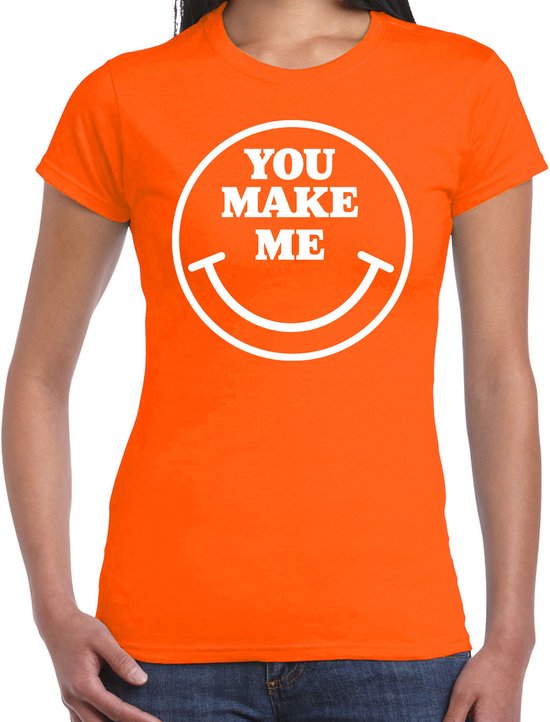 Bellatio Decorations Verkleed shirt dames - you make me - smiley - oranje - carnaval - foute party - feest L