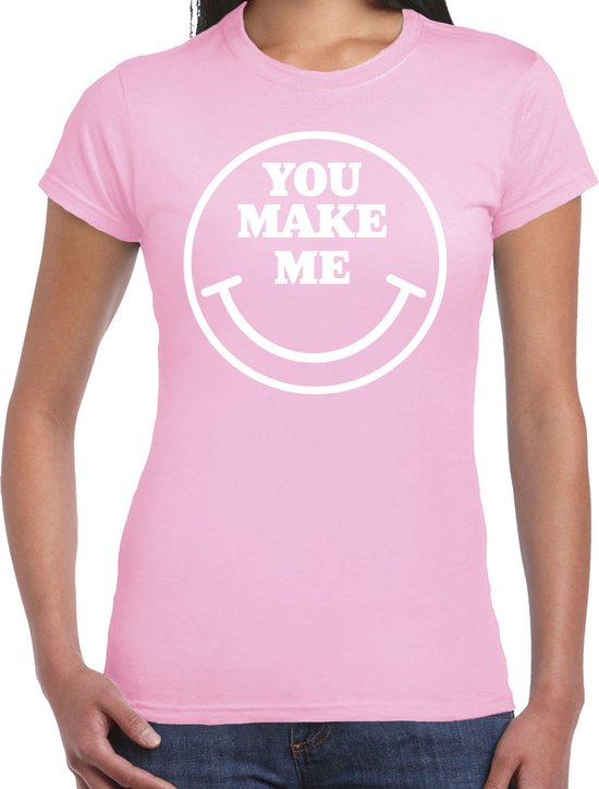 Bellatio Decorations Verkleed shirt dames - you make me - smiley - lichtroze - carnaval - foute party - feest S