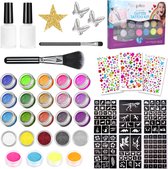 Partizzle Compleet Bio Glitter Tattoo Set - Meisjes / Jongens - Schmink Sjablonen, Lijm en Penselen - Gezicht Nep Neon Tattoos Knutselpakket - Koningsdag Festival - Cadeau / Knutselen voor Kinderen - 24 Kleuren / Biodegradable