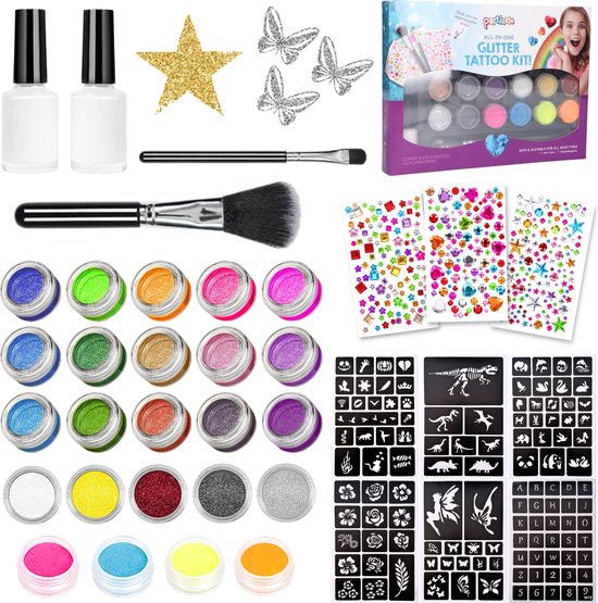 Partizzle Set complet de tatouages ​​Bio Glitter – Filles / Garçons – Modèles Maquillage , Colle et Pinceaux – Kit de faux tatouages ​​néon pour le visage – Artisanat pour Enfants – 24 couleurs/biodégradable