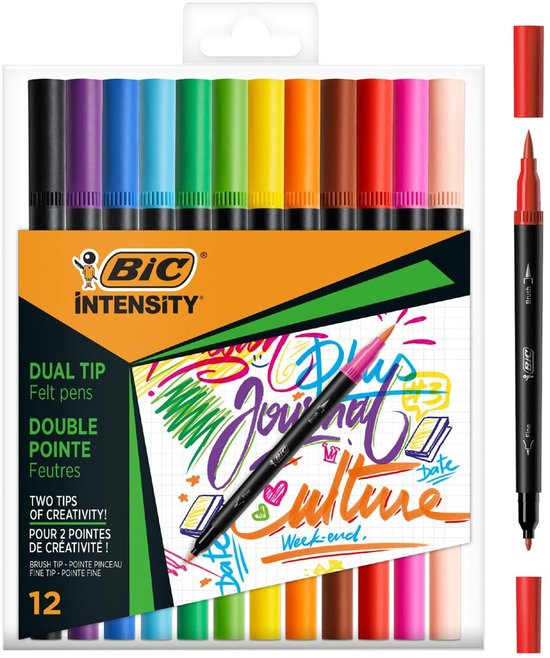 BIC Intensity Dual Tip - Viltstiften - Stiften voor Volwassenen - Kleurstiften voor Bullet Journaling - 12 Stuks