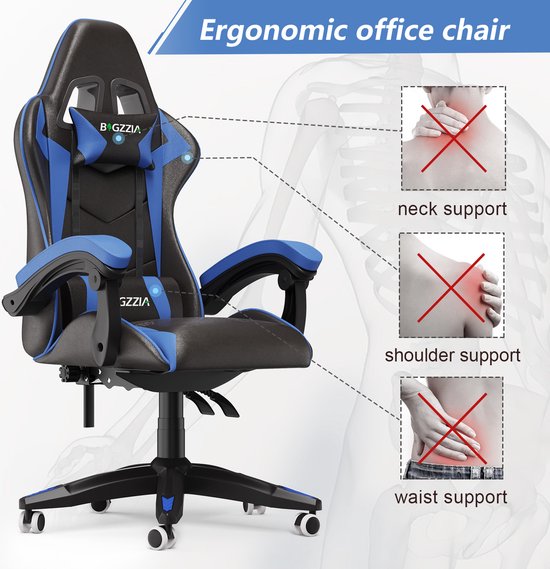 Chaise gamer - Chaise gaming ergonomique - Chaise gamer avec appui-tête et coussin lombaire - Inclinaison 90°-135° - Zwart et Blauw
