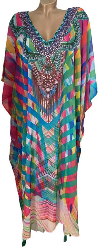 Kaftan half transparant kaftan grote maten met steentjes 31/L 128/105cm One size 42-54 groen/roze/blauw/geel