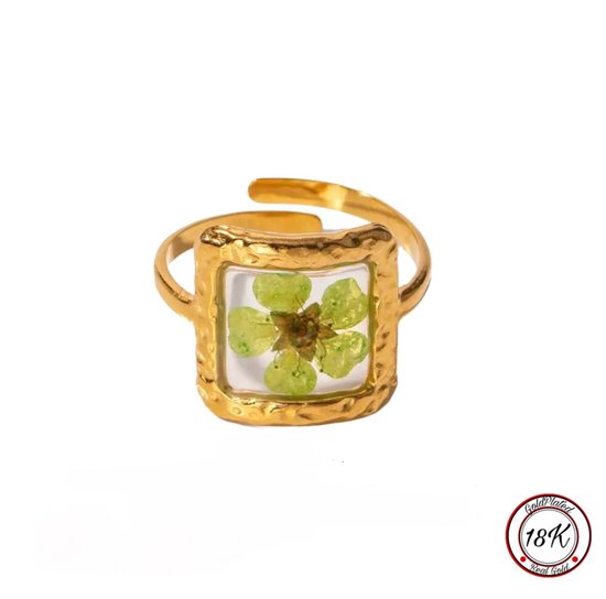 Borasi Groen Bloem Ring | 18K Goldplated | Green Flower Ring | Verstelbare Ring | Goudkleurig | Dames Sieraden | Cadeau Voor Haar | Luxe Geschenkzakje | Verjaardag Cadeau | Moederdag Cadeau | Verstelbaar Ring | Bloemen | Zomer Sieraden |