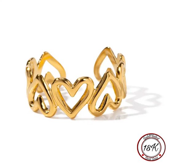 Borasi Verstelbare Hartjes Ring | 18K Goldplated | Goudkleurig | Verstelbaar Ring | Elegante Look | Dames Sieraden | Luxe Geschenkzakje | Cadeau Voor Haar | Moederdag Cadeau | Verjaardag Cadeau |