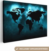 Canvas Wereldkaart - 140x90 - Wanddecoratie Wereldkaart - Zwart - Blauw