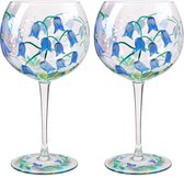 Livellara Milano Flora - "Clocks" een set van twee Gin / Cocktail glazen - blauwe bloemen - handbeschilderd