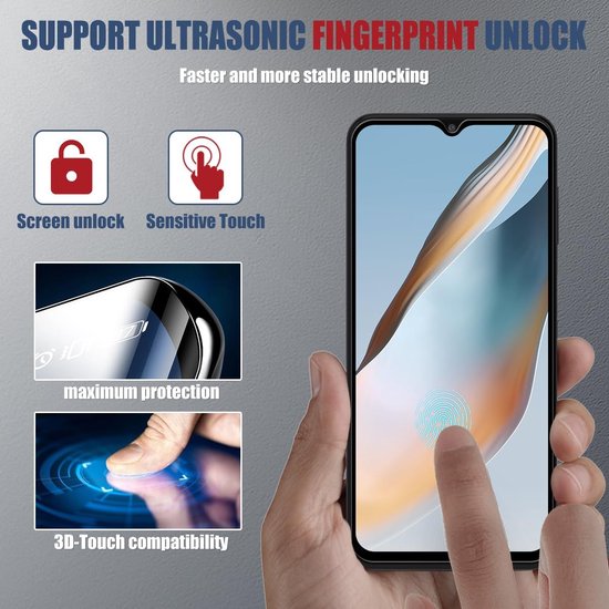 Vinger scant vingerafdruk op smartphone met screenprotector. Ondersteunt ultrasoon vingerafdruk ontgrendelen, gevoelige touch, 3D-touch compatibiliteit.