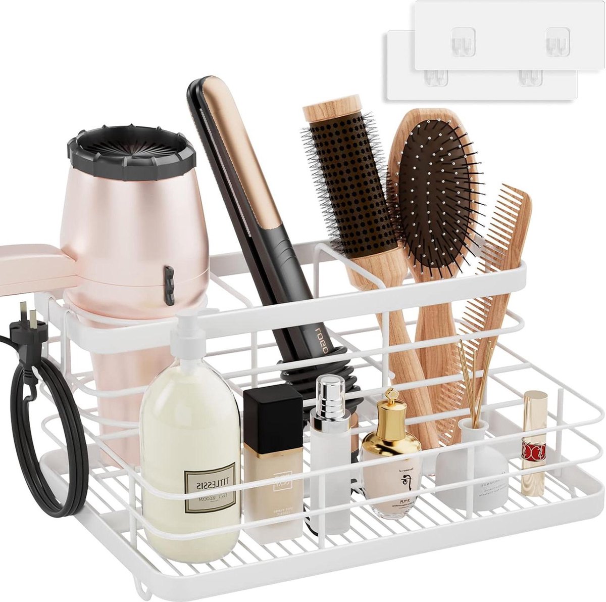 Metal Hair Tool Organizer Wall Mounted Hair Dryer Holder Basket Storage - Bathroom Sink Organizer for Vanity Makeup Brush Hair Straightener Styling Tools White Stand