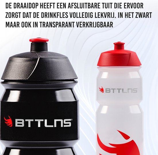 Sluiting van een zwarte en een transparante bidon met rode dop. De draaidop is lekvrij.