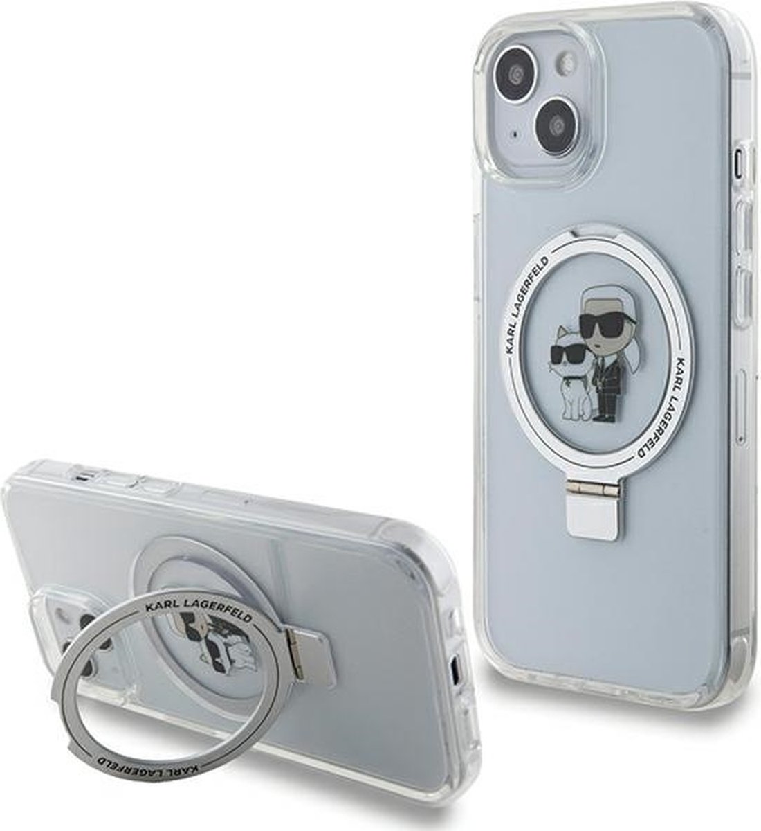 Karl Lagerfeld Ring Stand Karl & Choupette Hard Case Back Cover met MagSafe voor Apple iPhone 15/14 - Wit