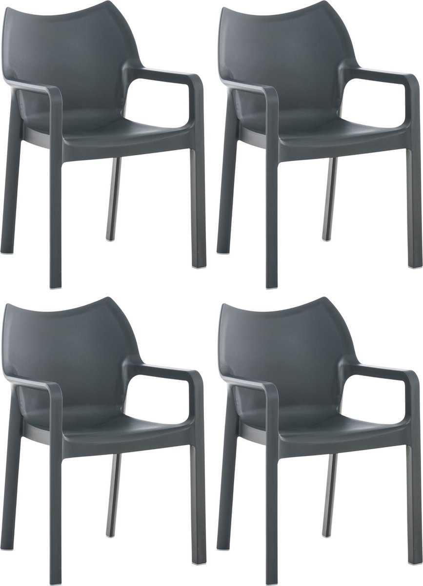 Clp Diva Set van 4 tuinstoelen Stapelbaar Weerbestendig Met armleuningen Kunststof donkergrijs