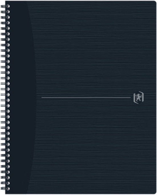 Carnet noir A4+ à spirale, ligné horizontalement avec un logo gris.