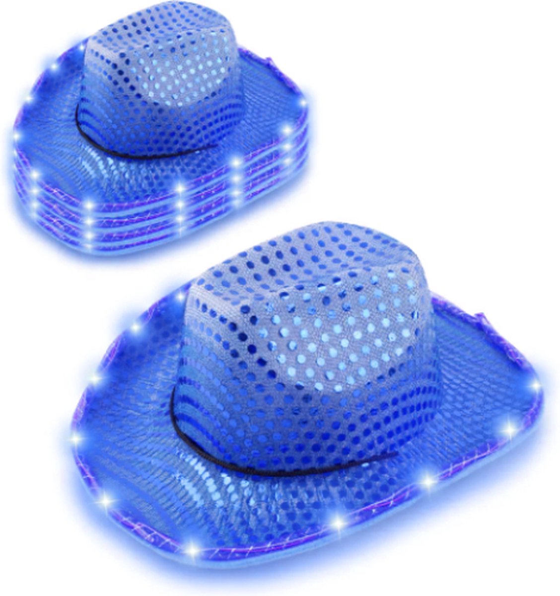 Cowboyhoed Blauw met LED verlichting. Bruiloft / Vrijgezellenfeest / Formule 1 / Toppers / Pride / Carnaval / Foute Party